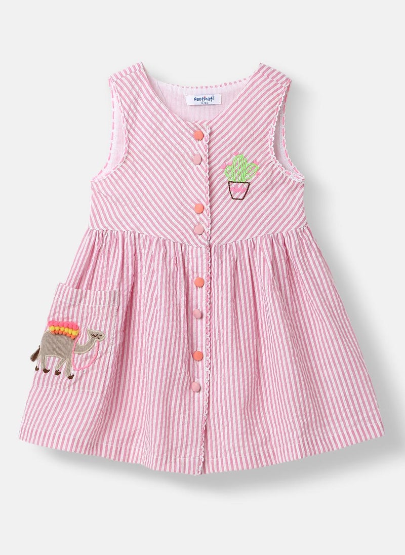 Nautinati Girls' 100% Cotton Striped, Camel & Cactus Embroidered Fit & Flare Dress - Image 3